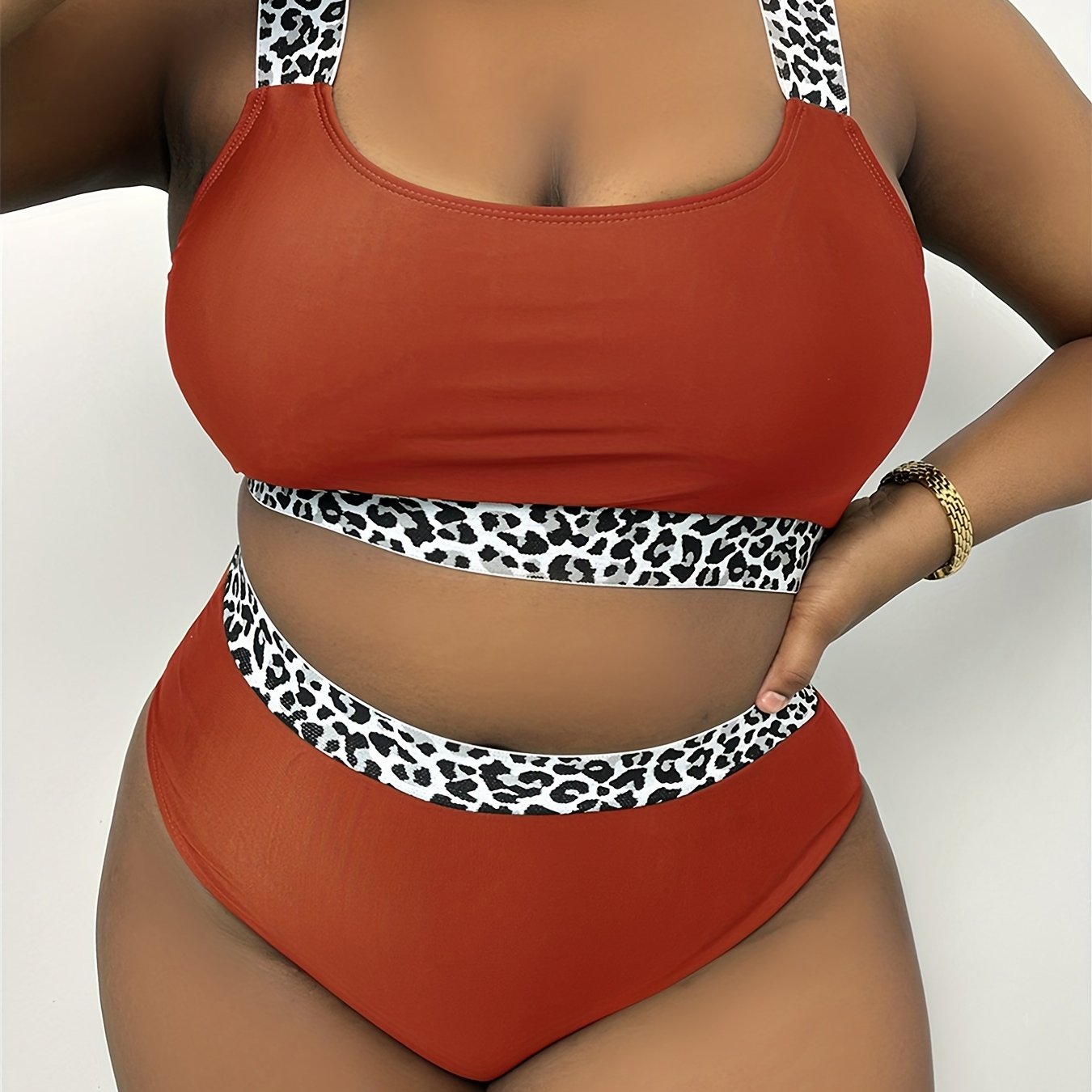 Plus Size Solid Leopard Print Bikini Set
