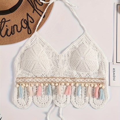 [Backless Padded Carnival Swimwear] Bohemian Hollow Out Crochet Tassel Pom Pom Top, Halter Tie Neck Backless Padded Top, Women's Swimwear & Clothing for carnival & Music Festival