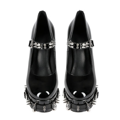 Chic Punk-Inspired Women's Platform Pumps with Rivet Buckle Detail, Waterproof Faux Cover High Heels for All Seasons
