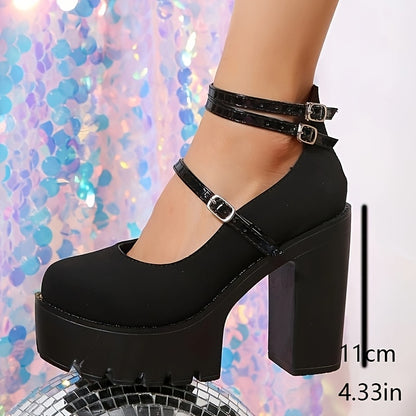 Women's Black Platform Block Heel Pumps with Ankle Straps - Round Toe, Faux Cover, Chunky Rubber Sole, All-Season Fashion Shoes, Casual Chic Heels | Elegant Ankle Straps | Faux Cover Shoes