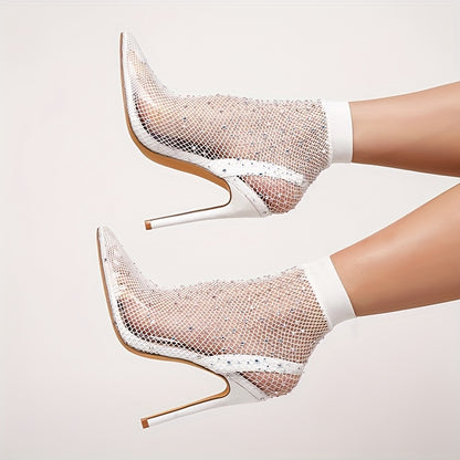 1pair Sexy High Heels Women's Summer Breathable Hollow Stocking Mesh Boots, New Rhinestone Pointed Toe Stiletto Heeled Elastic Socks Boots
