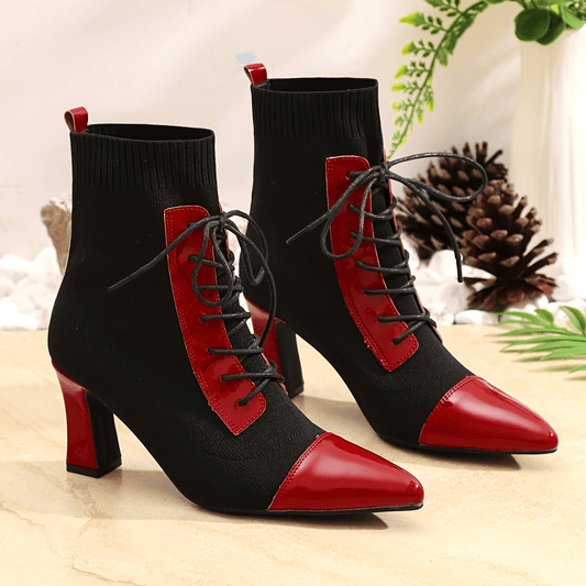 Black and Red Classic Combination Pointed Women's High Heels Short Boots Thick Heels with Adjustable Laces Comfortable Street Shoes Outdoor Boots