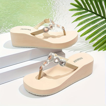 Elegant Women'S Rhinestone Wedge Shoes - Soft, Comfortable, Non-Slip, Breathable, Durable Summer High Heels with Ankle Strap, White & Black Options, Stylish Outdoor Footwear|Rhinestone Embellished Shoes|Eva Sole Shoes