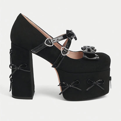 Stylish Black Cover High Heels with Decorative Bow Pendant – Comfortable Block Heel Pumps for Women, Perfect for Formal Occasions, Summer Vacations, and Gothic Style