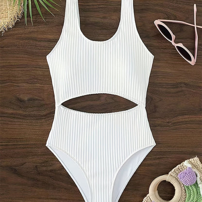 White Off the Shoulder One Piece Swimsuit - High Cut, Hollow Out, High Stretch, Sexy Polyester Knit Fabric - Solid Color, No Printing, Sheer-Free, Womens Swimwear & Clothing