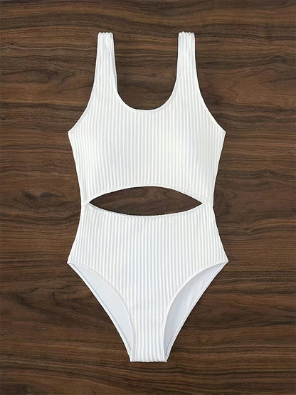 White Off the Shoulder One Piece Swimsuit - High Cut, Hollow Out, High Stretch, Sexy Polyester Knit Fabric - Solid Color, No Printing, Sheer-Free, Womens Swimwear & Clothing