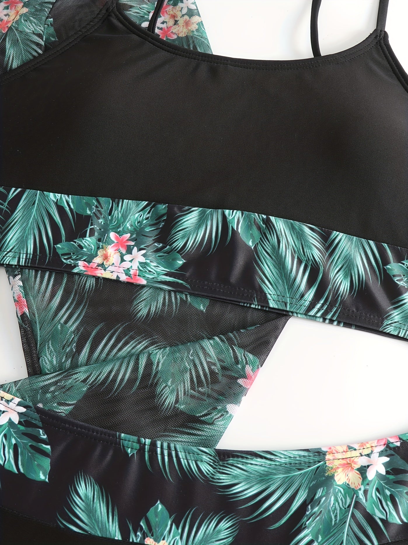 Tropical Elegance: High-Stretch 3-Piece Bikini Set with Crew Neck Cover-Up, Perfect for Casual Chic