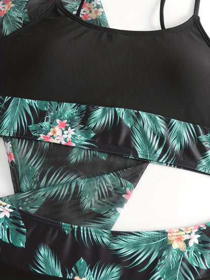 Tropical Elegance: High-Stretch 3-Piece Bikini Set with Crew Neck Cover-Up, Perfect for Casual Chic