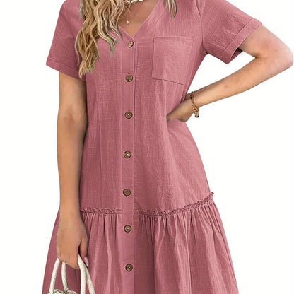 Women's Casual Short Sleeve Button- Dress with Ruffle Hem - Lightweight 300gsm V-Neck Tunic Shirt Dress, Machine Washable Summer Dress for Beach Outings & Casual Wear, Summer Casual Dress | Ruffle Hem Dress | Breathable Fabri
