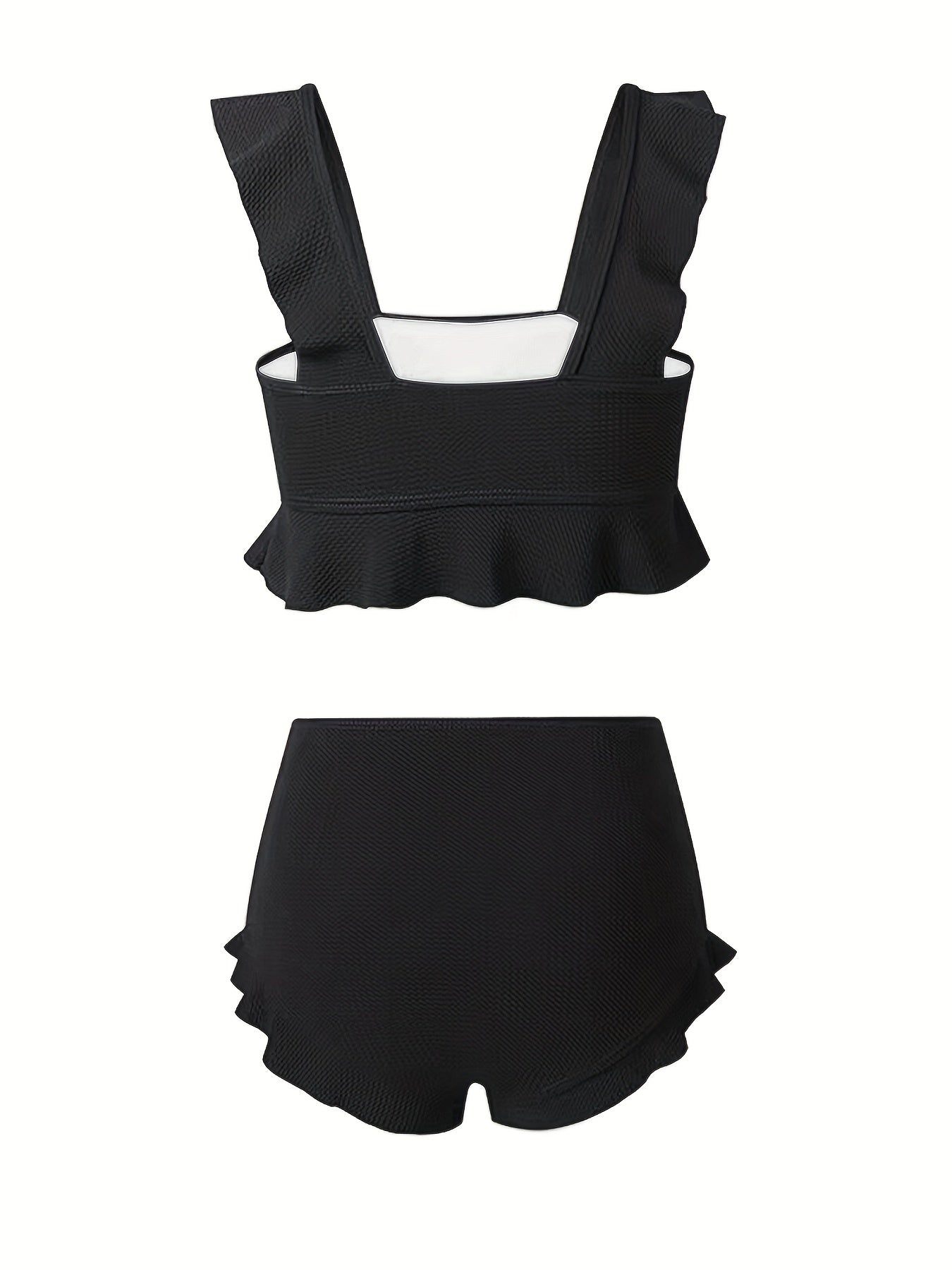 High Waist 2 Piece Ruffle Trim Black Stretchy Solid Color Bikini, Cute & Stylish Women's Swimwear & Clothing