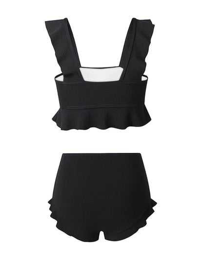 High Waist 2 Piece Ruffle Trim Black Stretchy Solid Color Bikini, Cute & Stylish Women's Swimwear & Clothing
