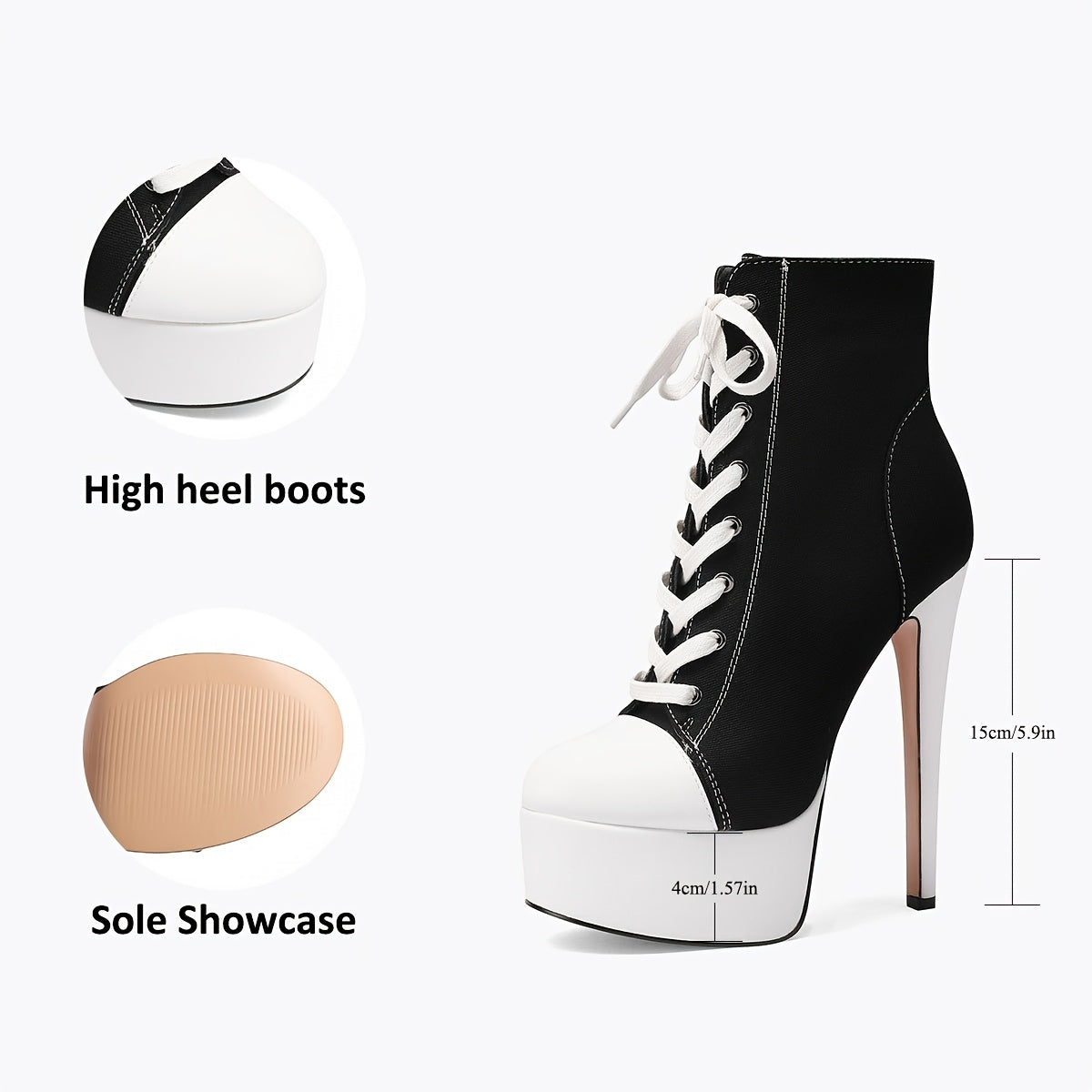 1pr Women's Black and White Lace-Up Ankle Boots, Round Toe Stiletto High Heels with Mesh Inner, Rubber Sole, Man-Made Insole - Ultrahigh Heel Fashion Footwear, Highheel Boots | Round Toe Boots | Decorative Stitching, Stiletto