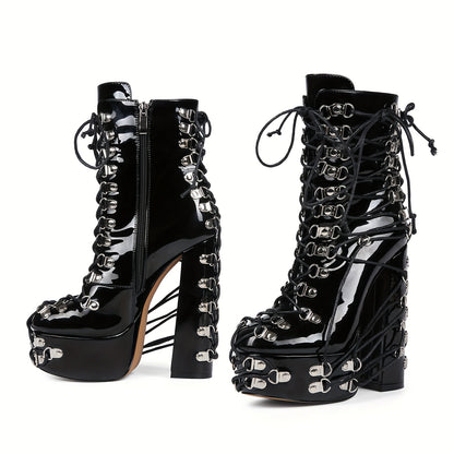 Women's Black Chunky Heel Platform Boots with Metal Buckles - Stylish Lace-Up High Heels, Side Zipper Design, PU Cover Upper & Sole, Round Toe, Perfect for Fashionable Outfits
