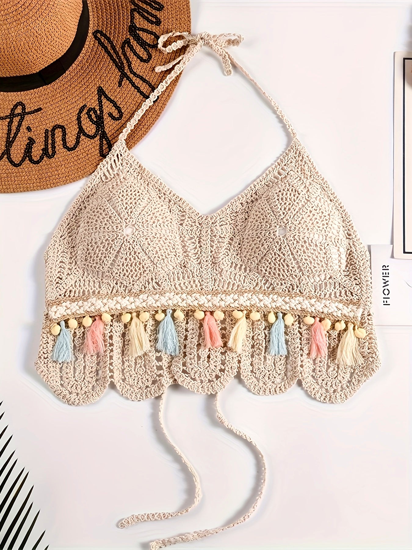 [Backless Padded Carnival Swimwear] Bohemian Hollow Out Crochet Tassel Pom Pom Top, Halter Tie Neck Backless Padded Top, Women's Swimwear & Clothing for carnival & Music Festival