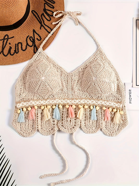 [Backless Padded Carnival Swimwear] Bohemian Hollow Out Crochet Tassel Pom Pom Top, Halter Tie Neck Backless Padded Top, Women's Swimwear & Clothing for carnival & Music Festival