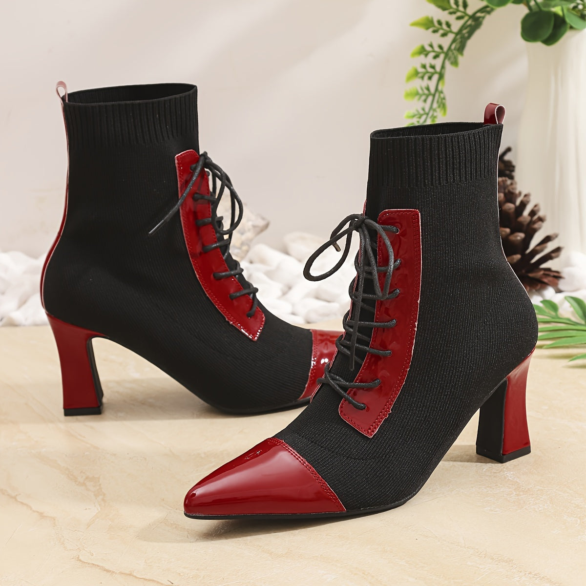 Black and Red Classic Combination Pointed Women's High Heels Short Boots Thick Heels with Adjustable Laces Comfortable Street Shoes Outdoor Boots