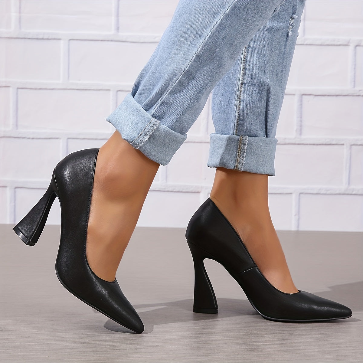 Women's Pointed Toe High Heels, Solid Color Slip On Chunky Flared Heels, Stylish Office Work Pumps