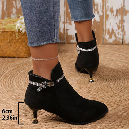[Metal Buckle Ankle Boots] Velour Thick Pointed Mid-Heels Metal Buckle Ankle Boots - Autumn and Winter Fashion Women's Boots