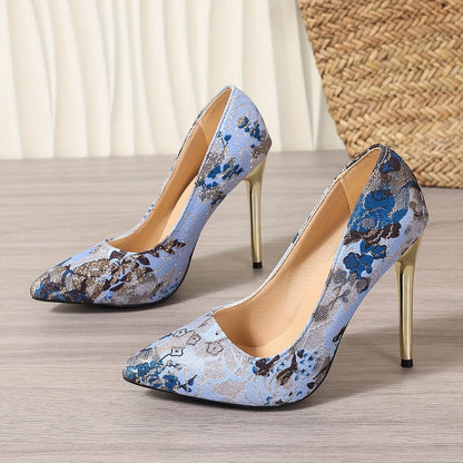 Elegant Floral Embroidered Stiletto Pumps - Lightweight Pointed Toe Dress Heels with Sequins, Fabric Upper & Rubber Sole - All Season Comfort Footwear for Women - Perfect for Parties & Weddings
