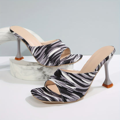 [Durable Build] Women's Square Toe Stiletto Sandals - Zebra Print & Multicolor Pattern, Open Toe High Heels with Faux Cover Inner Lining and Rubber Sole, Elegant Slip-On Dress Shoes for Parties and Events, Summer Shoes | Squa