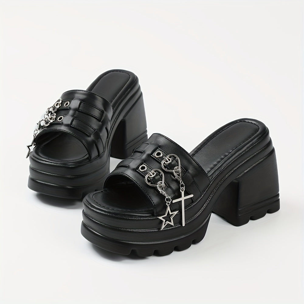 Summer Women's Gothic Sandals Black Punk Heart Decor Chunky High Heels Halloween Open Toe Fashion Y2k Mules Slides Shoes Women
