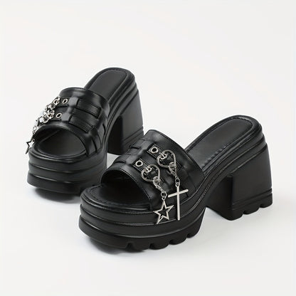 Summer Women's Gothic Sandals Black Punk Heart Decor Chunky High Heels Halloween Open Toe Fashion Y2k Mules Slides Shoes Women