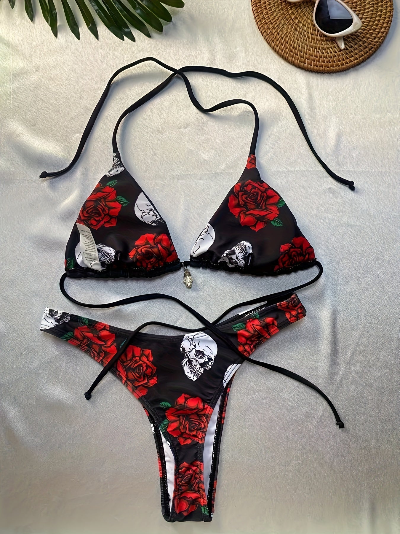 Halloween Skeleton & Flower Print Triangle 2 Piece Set Bikini, Spaghetti Strap Backless Stretchy Gothic Style Swimsuits, Women's Swimwear & Clothing Carnaval & Music Festival