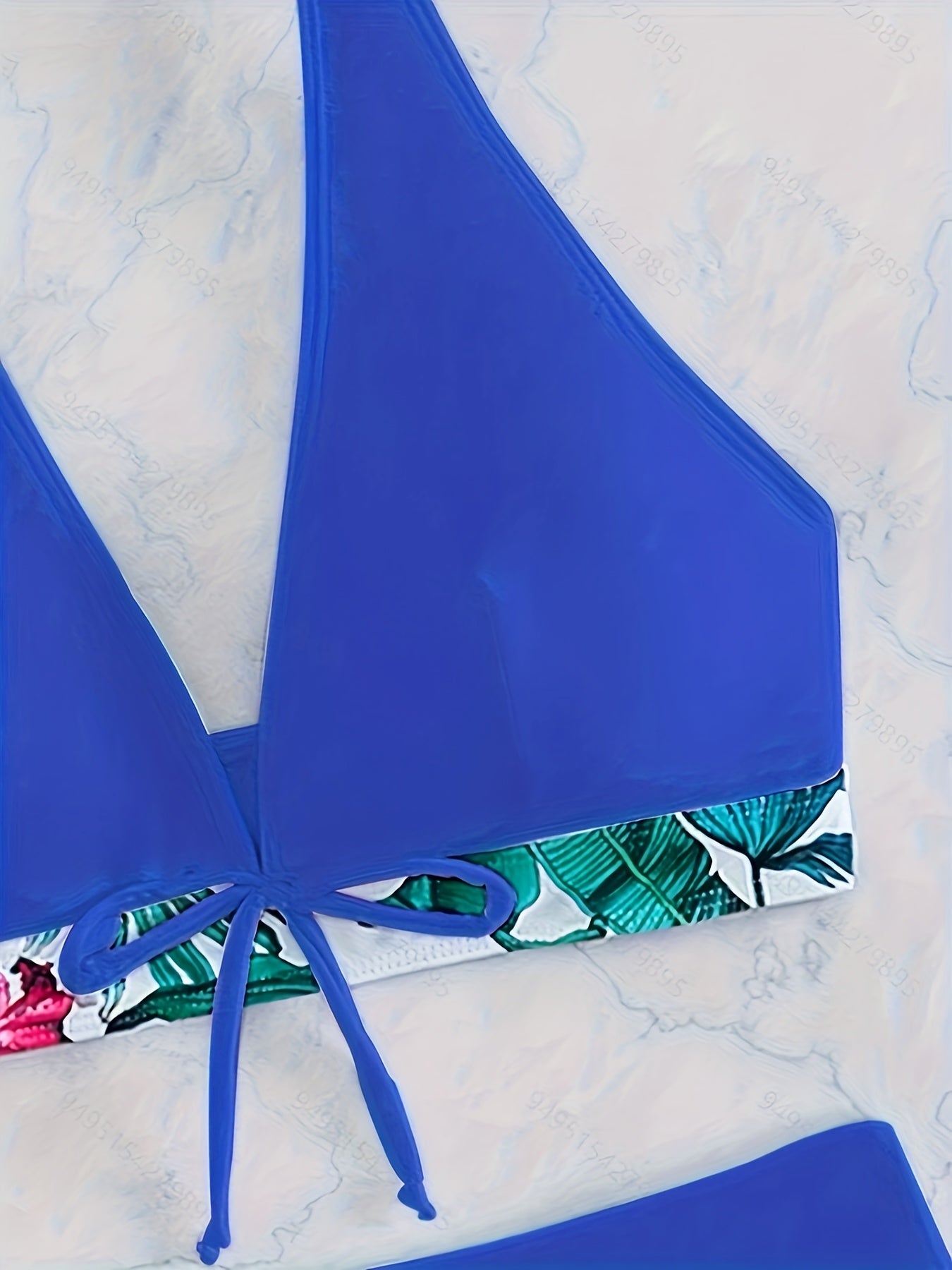 2 Piece Tropical Floral Print Halter V-Neck Bowknot Bikini Set - High Stretch, Quick Dry, Hand Washable, Comfortable Swimwear for Women with Random Floral Pattern and Contrast Trim Details - Polyamide Material, Knit Fabric, N