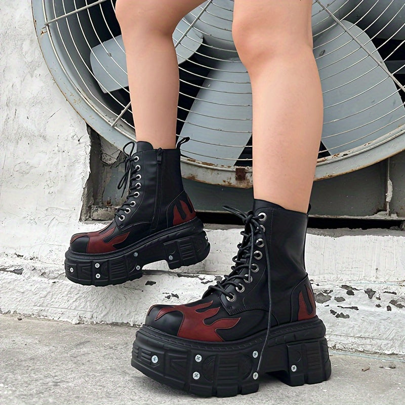 Halloween Women'S Flat Platform Ankle Boots Black High Heels Round Toe Thick Sole Mid Calf Booties Metal Decor Y2K Fashion Sports Shoes