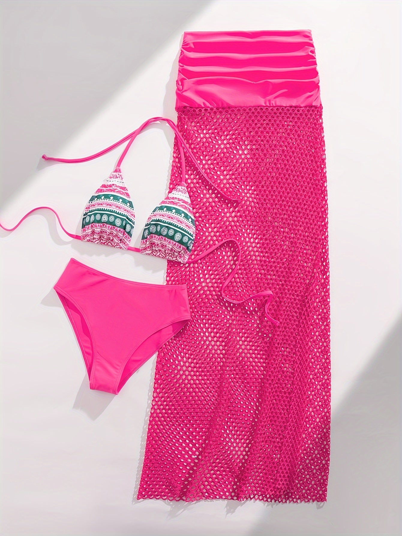 3 Piece Set Tribal Print Bikini - Halter Neck High Cut Swimsuit with Hollow Out Cover-Up Skirt, Women's Swimwear & Clothing for Beach Vacation