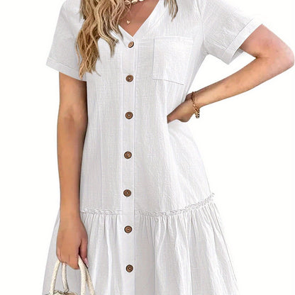 Women's Casual Short Sleeve Button- Dress with Ruffle Hem - Lightweight 300gsm V-Neck Tunic Shirt Dress, Machine Washable Summer Dress for Beach Outings & Casual Wear, Summer Casual Dress | Ruffle Hem Dress | Breathable Fabri
