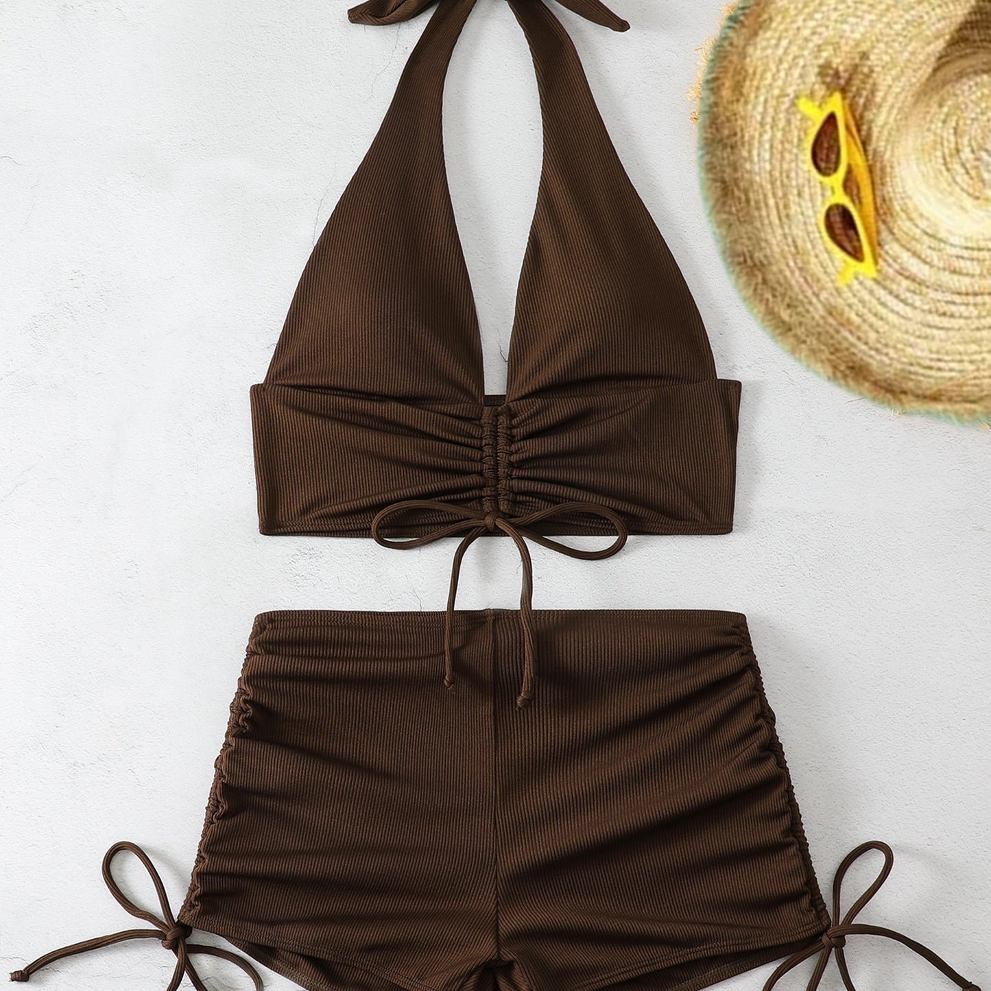 2 Piece Set Bikini Swimsuit - Halter V Neck, Drawstring Tie Front, Tie Side Boxer Short Bottom, Comfortable, Adjustable, Quick Drying, Women's Swimwear & Clothing for Beach Vacation