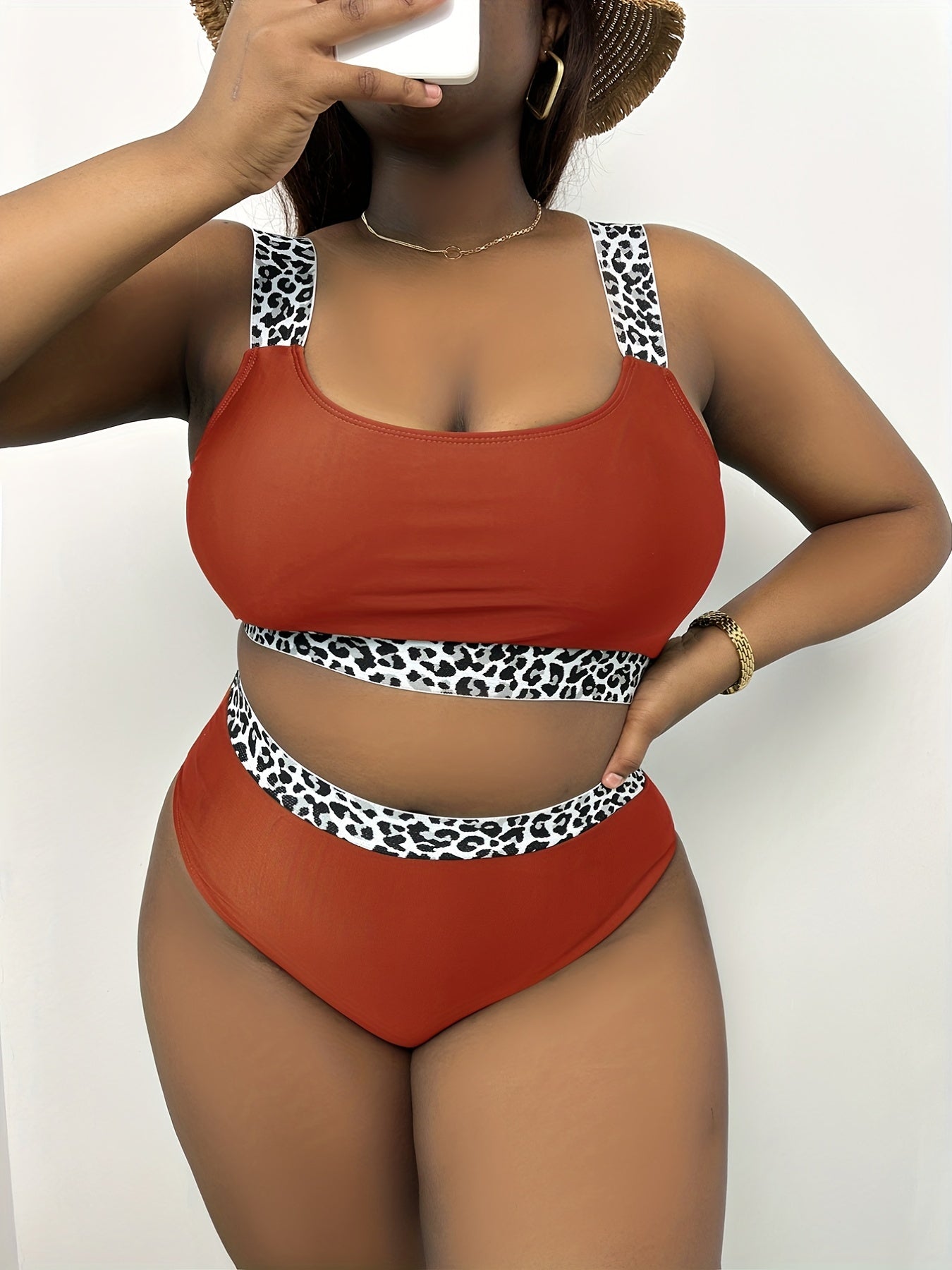 Plus Size Solid Leopard Print Bikini Set