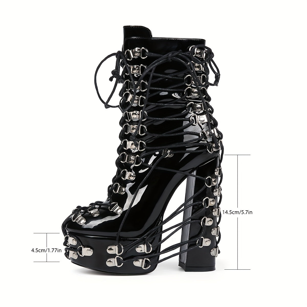 Women's Black Chunky Heel Platform Boots with Metal Buckles - Stylish Lace-Up High Heels, Side Zipper Design, PU Cover Upper & Sole, Round Toe, Perfect for Fashionable Outfits