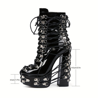 Women's Black Chunky Heel Platform Boots with Metal Buckles - Stylish Lace-Up High Heels, Side Zipper Design, PU Cover Upper & Sole, Round Toe, Perfect for Fashionable Outfits