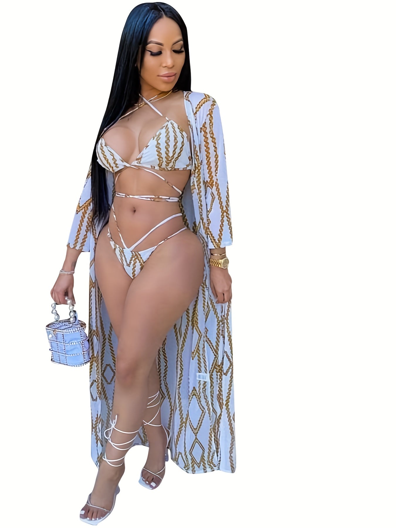 3pcs Chain Geometry Print Cutout Bikini Set with Cover Up
