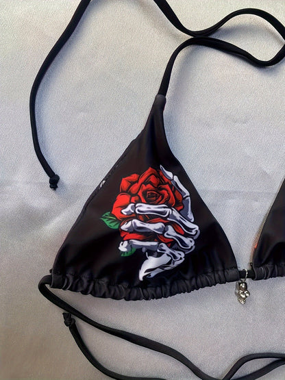 Halloween Skeleton & Flower Print Triangle 2 Piece Set Bikini, Spaghetti Strap Backless Stretchy Gothic Style Swimsuits, Women's Swimwear & Clothing Carnaval & Music Festival