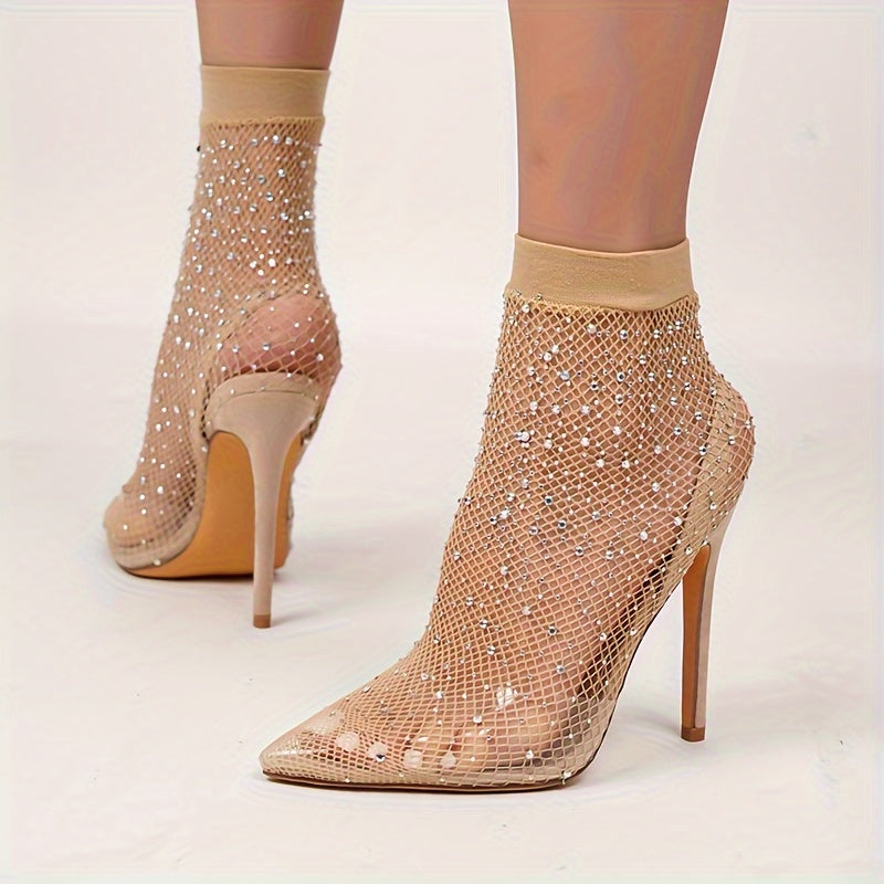 1pair Sexy High Heels Women's Summer Breathable Hollow Stocking Mesh Boots, New Rhinestone Pointed Toe Stiletto Heeled Elastic Socks Boots