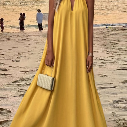 Women'S Sleeveless Halter Neck Maxi Dress - Elegant Purple, Solid Color, Backless Design for Beach & Vacation, Polyester, Summer Dress|Backless Dress|Polyester Dres