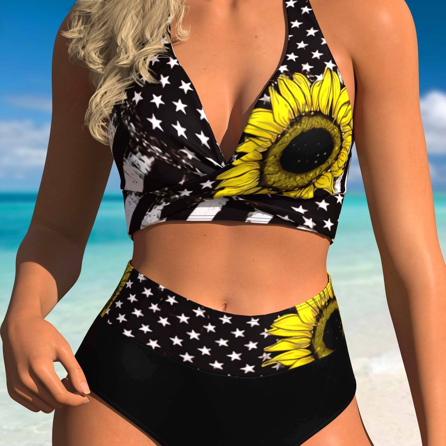 Plus Size Casual Bikini Set, Women's Plus Star & Sunflower Print Halter Neck Top & Underwear Swimsuit 2 Piece Set