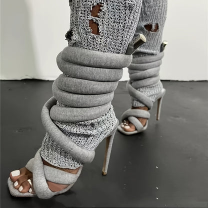 Strappy High Heels Gladiator Sandals - Grey Jersey Knit Fallopian Cloth Rope Lace Up Sexy Open Toe Square Stilettos Tie Up Heeled Sandals - For Women US Size 6-12 - Perfect for Parties & Night Out