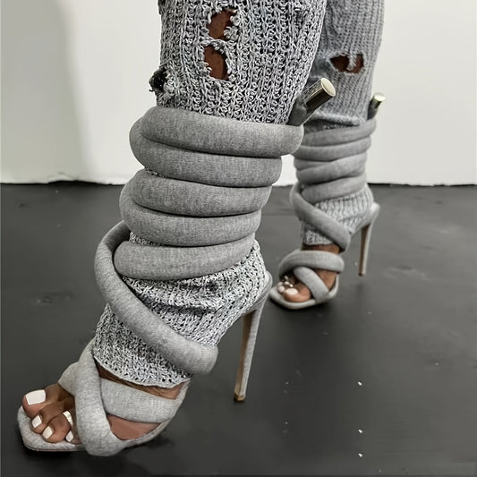 Strappy High Heels Gladiator Sandals - Grey Jersey Knit Fallopian Cloth Rope Lace Up Sexy Open Toe Square Stilettos Tie Up Heeled Sandals - For Women US Size 6-12 - Perfect for Parties & Night Out