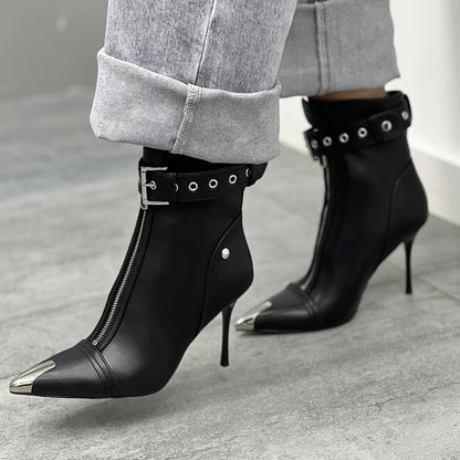 Fashion Womens Ankle Boots Metal Pointed Toe Stiletto Heel Boots Sexy Buckle Strap Boots Nightclub Dress High Heels Boots Women