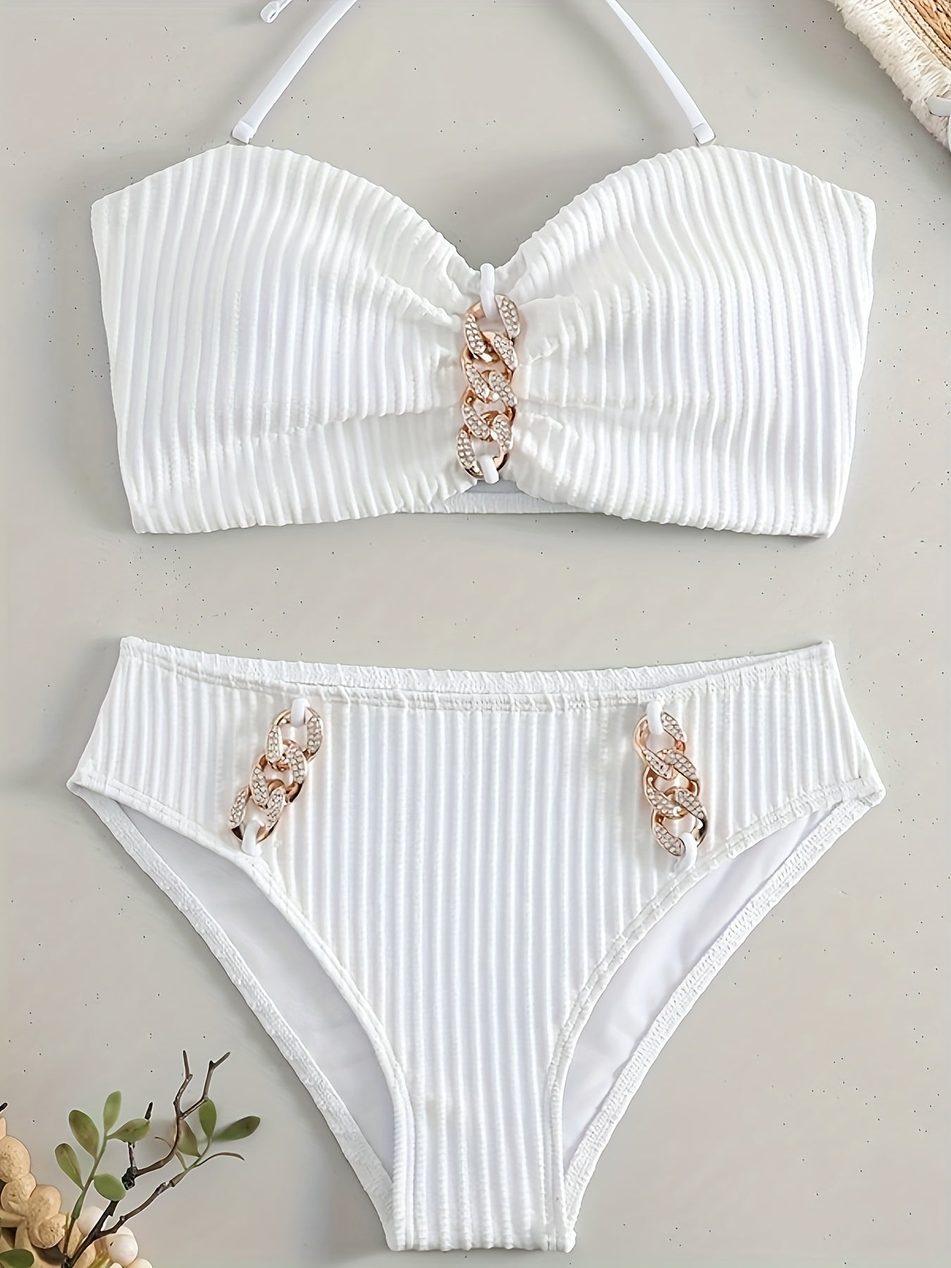 Rhinestone Chain Decor Texture Fabric 2 Piece Set Bikini, Halter Tie Neck High Waist White Swimsuits - Women's Swimwear & Clothing - For Carnival & Music Festival - For Women - Perfect for Summer Beach Vacation