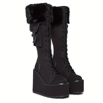 Goth Knee High Boots Fashion Platform Wedges High Heels Lace-up Combat Boots, Women Round Toe Black Platform Combat Boots Womens Lace Up Wedge Boots Chunky Block Heel Punk Boots Gothic Motorcycle Booties For Women, Christmas,