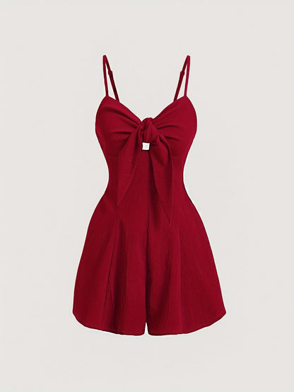 Women's Elegant V-Neck Spaghetti Strap A-Line Dress with Bow Detail - Vibrant Red Short Sleeveless Summer Dress, Machine Washable Casual to Dressy Outfit, Spaghetti Suspender Dress