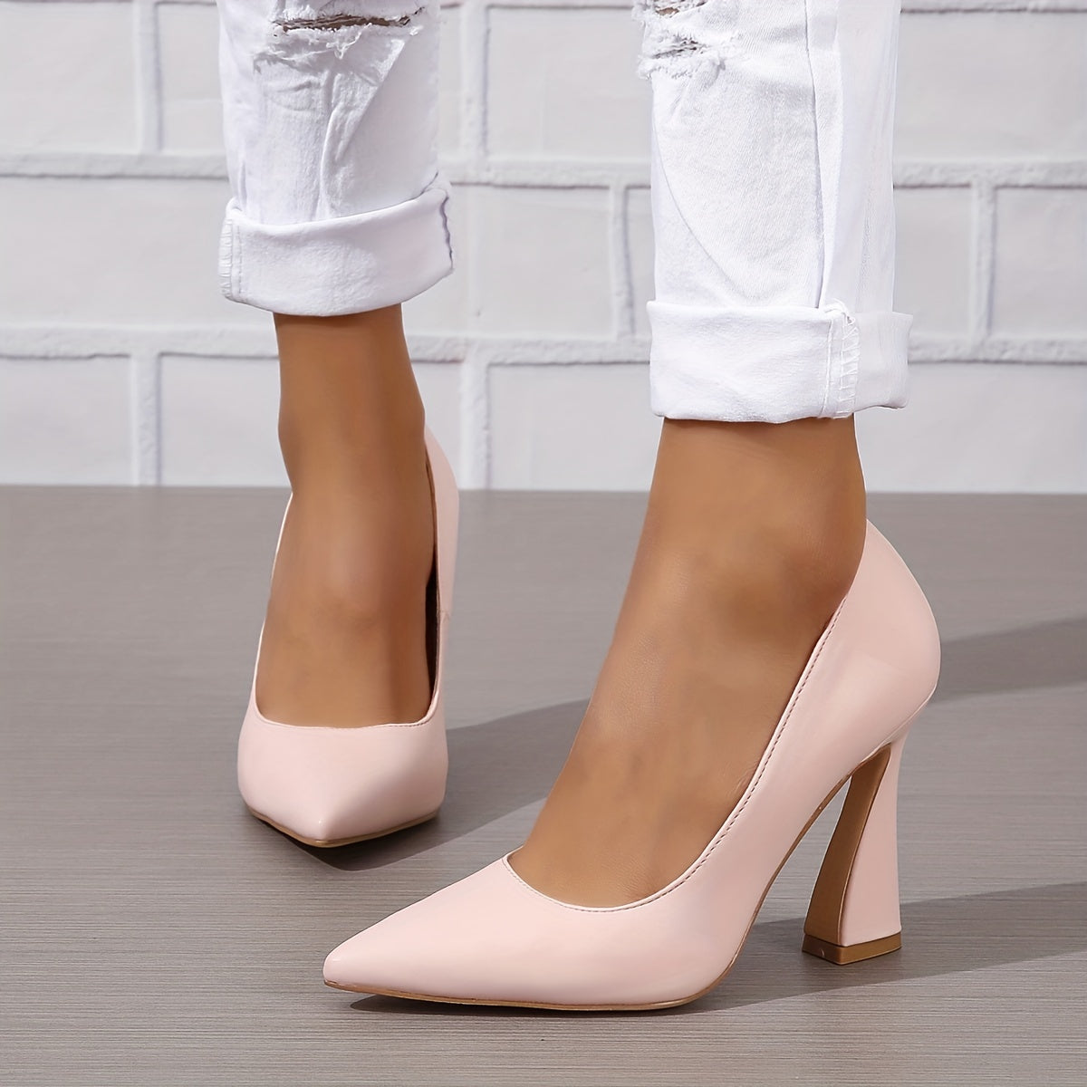 Women's Pointed Toe High Heels, Solid Color Slip On Chunky Flared Heels, Stylish Office Work Pumps