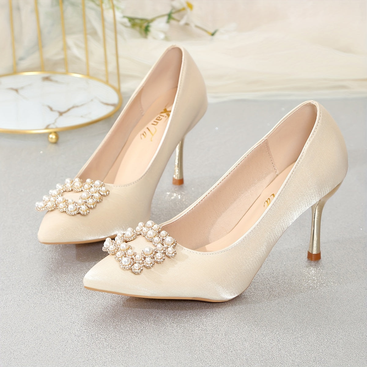 Champagne Satin Bridal Heels for Wedding 2024, Elegant French Style, Crystal Straps, Thin Heel, Comfortable, Multi-Season