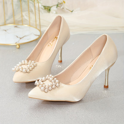 Champagne Satin Bridal Heels for Wedding 2024, Elegant French Style, Crystal Straps, Thin Heel, Comfortable, Multi-Season