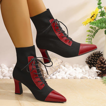 Black and Red Classic Combination Pointed Women's High Heels Short Boots Thick Heels with Adjustable Laces Comfortable Street Shoes Outdoor Boots